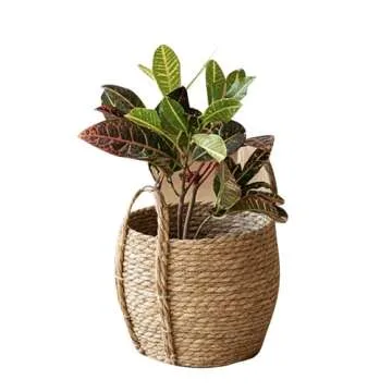 Versatile Rattan Grass Woven Flower Basket Planter for Living Room Floor Standing Storage Balcony Garden Decoration Sea Grass Basket with Handle Decorative for Organizing Natural Grass Basket and