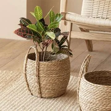 Versatile Rattan Grass Woven Flower Basket Planter for Living Room Floor Standing Storage Balcony Garden Decoration Sea Grass Basket with Handle Decorative for Organizing Natural Grass Basket and
