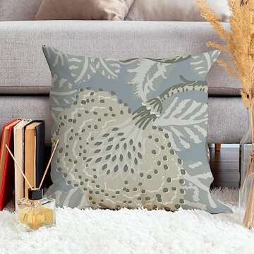 ArogGeld Aqua Blue and Beige Flower Pillow Cover Aqua Chinoiserie Floral Decorative Sofa Cushion Cover Japanese Asian Style Farmhouse Pillow Cover Case for Living Room 22x22in White Flax