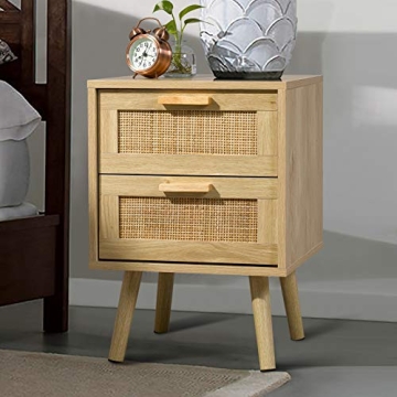 Finnhomy Nightstand, End Table, Side Table with 2 Hand Made Rattan Decorated Drawers, Wood Accent Ta...