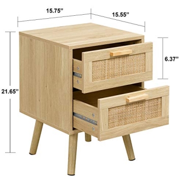 Finnhomy Nightstand, End Table, Side Table with 2 Hand Made Rattan Decorated Drawers, Wood Accent Table with Storage for Bedroom, Natural (Patented)