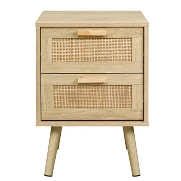 Finnhomy Nightstand, End Table, Side Table with 2 Hand Made Rattan Decorated Drawers, Wood Accent Table with Storage for Bedroom, Natural (Patented)
