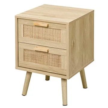 Finnhomy Nightstand, End Table, Side Table with 2 Hand Made Rattan Decorated Drawers, Wood Accent Table with Storage for Bedroom, Natural (Patented)