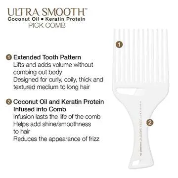 Cricket Ultra Smooth Coconut Hair Pick Comb - Infused with Coconut Oil & Keratin for Frizz-Free Shine and Volume, Ideal for Curly, Thick, and Textured Hair