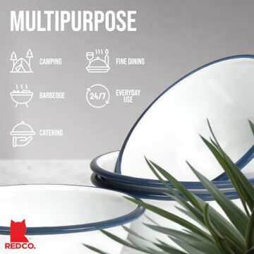 Red Co. Set of 4 Enamelware Metal Classic 20 oz Round Cereal Bowl, Solid White/Navy Blue Rim