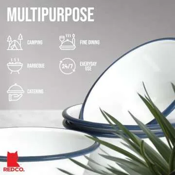 Red Co. Set of 4 Enamelware Metal Classic 20 oz Round Cereal Bowl, Solid White/Navy Blue Rim