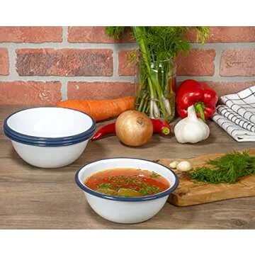 Red Co. Set of 4 Enamelware Metal Classic 20 oz Round Cereal Bowl, Solid White/Navy Blue Rim