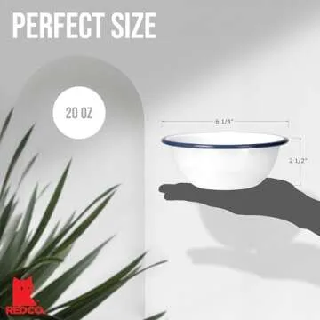 Red Co. Set of 4 Enamelware Metal Classic 20 oz Round Cereal Bowl, Solid White/Navy Blue Rim
