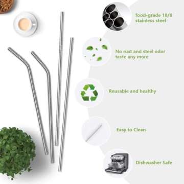 4PCS Reusable Metal Straws,8.5" Stainless Steel Straws with Case -Cleaning Brush for 20/30 Oz for Tumblers (Silver)