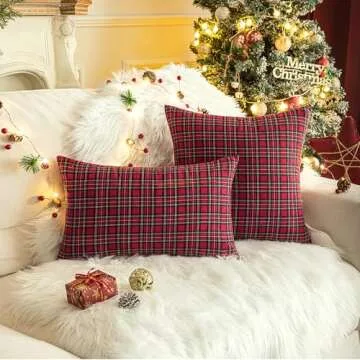 Knagsfa Christmas Throw Pillow Covers Set of 2 Scottish Tartan Cushion Case for Farmhouse Home Winter Holiday Plaid Decorative Pillowcases Red and Green, 18 x 18 Inches