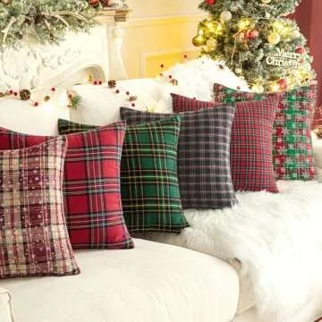 Knagsfa Christmas Throw Pillow Covers Set of 2 Scottish Tartan Cushion Case for Farmhouse Home Winter Holiday Plaid Decorative Pillowcases Red and Green, 18 x 18 Inches