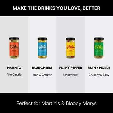 Filthy Cocktail Garnish, Pepper Stuffed Olives, 8.5 Oz Jar, 14 Olives