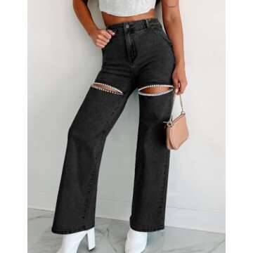 Kedera Women's Rhinestone Pearl Beaded Denim Jeans Bling Summer High Waist Loose Fit Wide Leg Pants ...