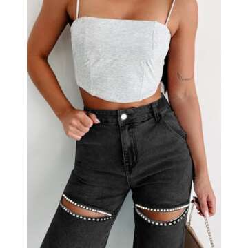 Kedera Women's Rhinestone Pearl Beaded Denim Jeans for Summer