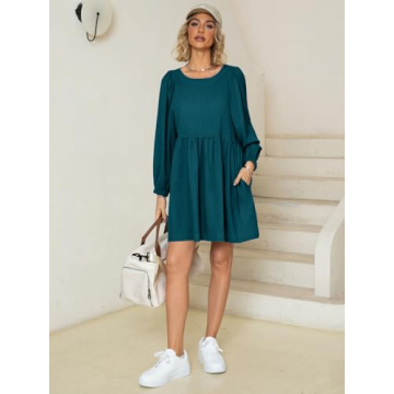 Glamaker Womens Flowy Summer Tunic Dress Puff Sleeve Crew Neck Casual Babydoll Mini Dresses with Pockets