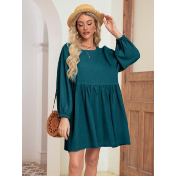 Glamaker Womens Flowy Summer Tunic Dress Puff Sleeve Crew Neck Casual Babydoll Mini Dresses with Pockets