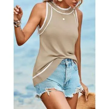 Saodimallsu Womens Sleeveless Tank Tops Summer Halter Color Block Oversized Knit Loose Shirts Trendy Sweater Vest Khaki