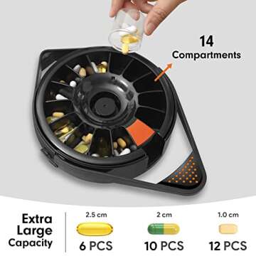 Fullicon Pill Dispenser with 14 Large Compartments and Child-Proof Lock, Spindo Medicine Dispenser-D...