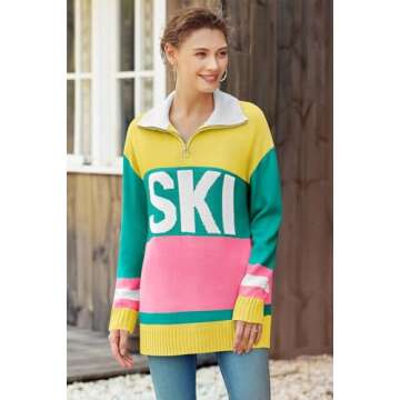 Sweaters for Women Trendy Long Sleeve Color Block Quarter Zip Ski Printed Lapel Collar Oversized Pullover Tops Yellow