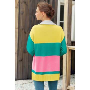 Sweaters for Women Trendy Long Sleeve Color Block Quarter Zip Ski Printed Lapel Collar Oversized Pullover Tops Yellow
