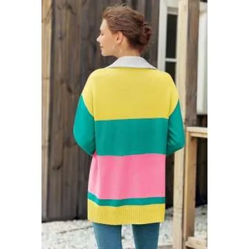 Sweaters for Women Trendy Long Sleeve Color Block Quarter Zip Ski Printed Lapel Collar Oversized Pullover Tops Yellow