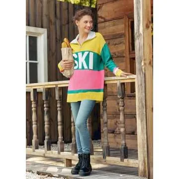 Sweaters for Women Trendy Long Sleeve Color Block Quarter Zip Ski Printed Lapel Collar Oversized Pullover Tops Yellow