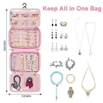 MATEIN Travel Jewelry Organizer, Portable Hanging Leather Carrying Storage Bag Large Waterproof Jewelry Pouch with Hook, Jewelry Case Holder for Necklaces, Earrings, Rings, Gifts for Women, Pink