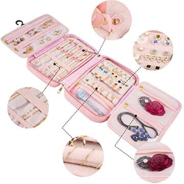 MATEIN Travel Jewelry Organizer, Portable Hanging Leather Carrying Storage Bag Large Waterproof Jewelry Pouch with Hook, Jewelry Case Holder for Necklaces, Earrings, Rings, Gifts for Women, Pink