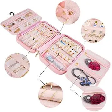 MATEIN Travel Jewelry Organizer, Portable Hanging Leather Carrying Storage Bag Large Waterproof Jewelry Pouch with Hook, Jewelry Case Holder for Necklaces, Earrings, Rings, Gifts for Women, Pink