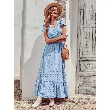 PRETTYGARDEN Summer Maxi Dress V Neck Smocked Style