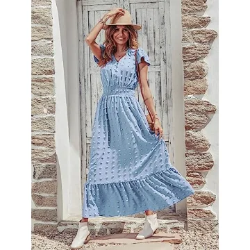 PRETTYGARDEN Summer Maxi Dress V Neck Smocked Style