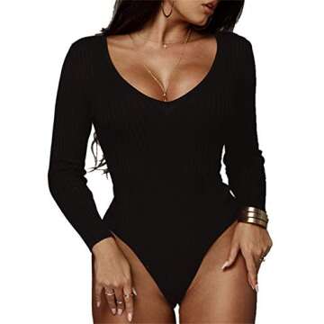GEMBERA Women's Deep V Neck Long Sleeve Bodysuit Ribbed Knit Bodycon Basic Bodysuit Tops
