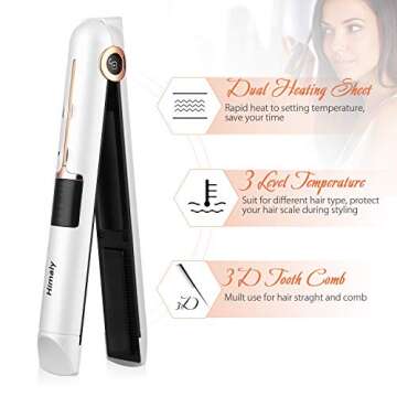 Cordless Hair Straightener for Travel Dual Voltage USB Charging Ceramic Tourmaline Flat Iron Mini Travel Flat Iron Hair Straightener