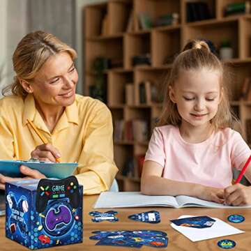 Funrous Valentines Day Cards and Mailbox for Kids Classroom Exchange, 1 Box, 32 Student Cards, 1 Teacher Card, 33 Envelopes and 36 Stickers for Valentines Party Favor Gift Exchange(Video Game Styles)