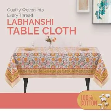 Labhanshi Indian Block Print Floral Table Cloth|Cotton 8-Seater 72x108 Inch Rectangle Fade-Resistant Dinner Picnic Table Cloth|Parties Wedding Spring Easter Table Decor|White Marigold