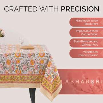 Labhanshi Indian Block Print Floral Table Cloth|Cotton 8-Seater 72x108 Inch Rectangle Fade-Resistant Dinner Picnic Table Cloth|Parties Wedding Spring Easter Table Decor|White Marigold