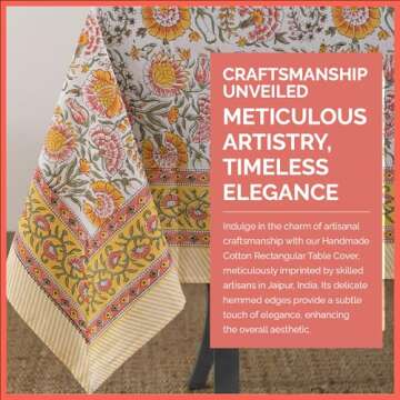 Labhanshi Indian Block Print Floral Table Cloth|Cotton 8-Seater 72x108 Inch Rectangle Fade-Resistant Dinner Picnic Table Cloth|Parties Wedding Spring Easter Table Decor|White Marigold