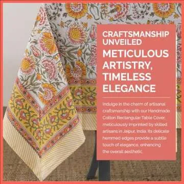 Labhanshi Indian Block Print Floral Table Cloth|Cotton 8-Seater 72x108 Inch Rectangle Fade-Resistant Dinner Picnic Table Cloth|Parties Wedding Spring Easter Table Decor|White Marigold