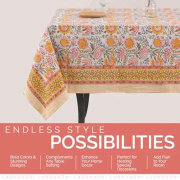 Labhanshi Indian Block Print Floral Table Cloth|Cotton 8-Seater 72x108 Inch Rectangle Fade-Resistant Dinner Picnic Table Cloth|Parties Wedding Spring Easter Table Decor|White Marigold