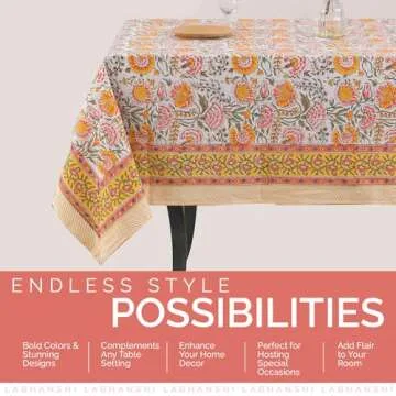 Labhanshi Indian Block Print Floral Table Cloth|Cotton 8-Seater 72x108 Inch Rectangle Fade-Resistant Dinner Picnic Table Cloth|Parties Wedding Spring Easter Table Decor|White Marigold