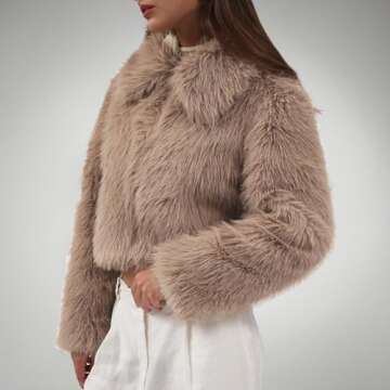 Amazhiyu Womens Faux Fur Zip-Up Cropped Jacket Long Sleeve Warm Winter Coat Khaki, Medium