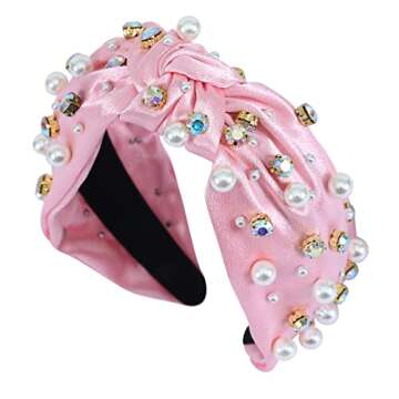 FEDANS Rhinestone headband Jeweled Headband for Women Crystal Pearly Embellished Pink Hairband Fashi...