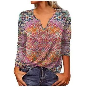 Hawaiian Shirts for Women 2023 - Pink V-Neck Long Sleeve Floral Graphic Tees - Casual Boho Plus Size Beach Top (L)