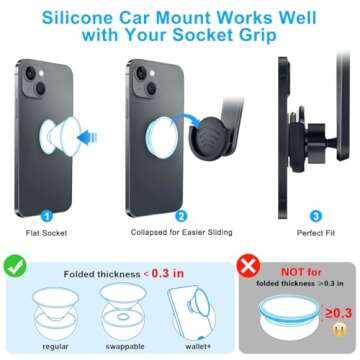 pop-tech Suction Cup Phone Holder for Socket Users, Dashboard Car Phone Mount for Collapsible Grip with Adjustable 360°Rotation, Includes 3M Sticky Adhesive Replacement for Expanding Stand - Black