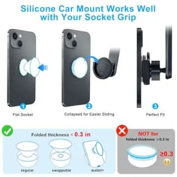 pop-tech Suction Cup Phone Holder for Socket Users, Dashboard Car Phone Mount for Collapsible Grip with Adjustable 360°Rotation, Includes 3M Sticky Adhesive Replacement for Expanding Stand - Black