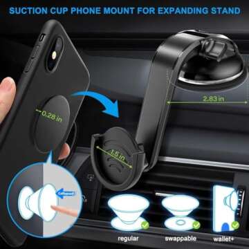 pop-tech Suction Cup Phone Holder for Socket Users, Dashboard Car Phone Mount for Collapsible Grip with Adjustable 360°Rotation, Includes 3M Sticky Adhesive Replacement for Expanding Stand - Black