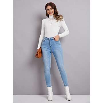 SweatyRocks Women's Long Sleeve Turtleneck Ribbed Knit Pullover Sweater Top White S