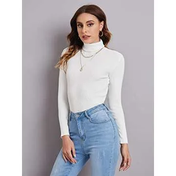 SweatyRocks Women's Long Sleeve Turtleneck Ribbed Knit Pullover Sweater Top White S