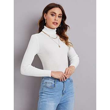 SweatyRocks Women's Long Sleeve Turtleneck Ribbed Knit Pullover Sweater Top White S