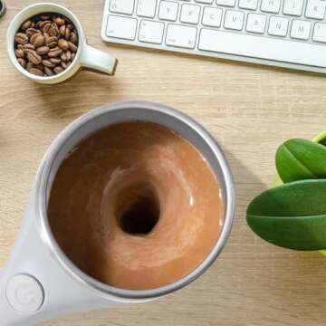 NEUEFAMI Automatic Mixing Coffee Mug Rotating Cute Mixing Cup for Office/Kitchen/Travel/Tea/Hot Chocolate/Milk 13 oz/380 ml, White